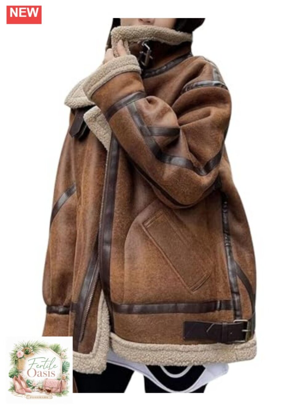 Women's Oversized Faux Suede Moto Jacket Sherpa Fleece Lined Aviator Coat